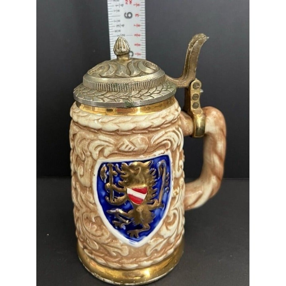 Rare Vintage Ceramic HICKOK GERMAN BEER STEIN Mug 5 1/2" Tall  Gold‎ Trim (725)
